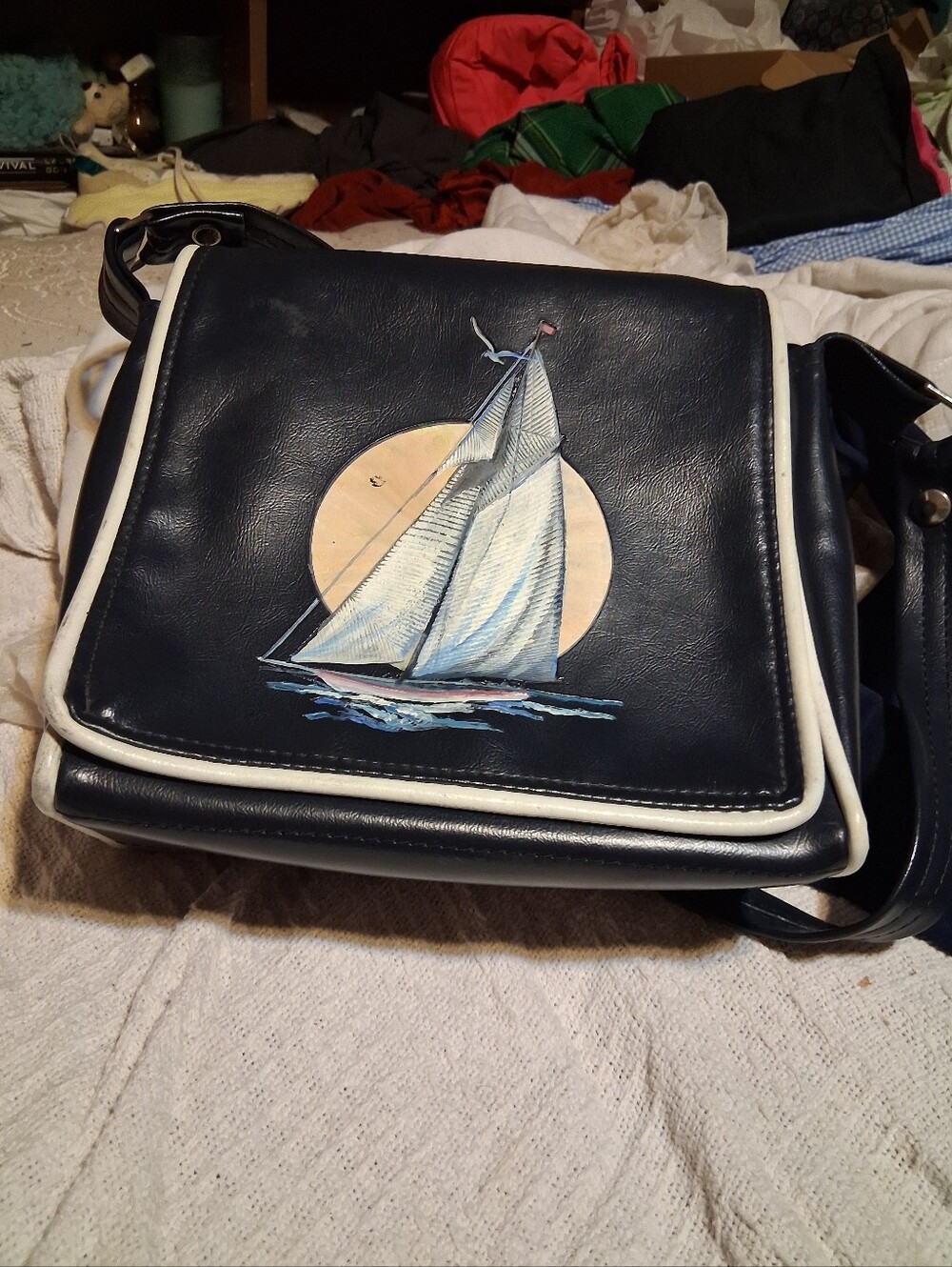 Vintage The Original Keys Handbag Flap Vinyl Sailboat Moon Navy White